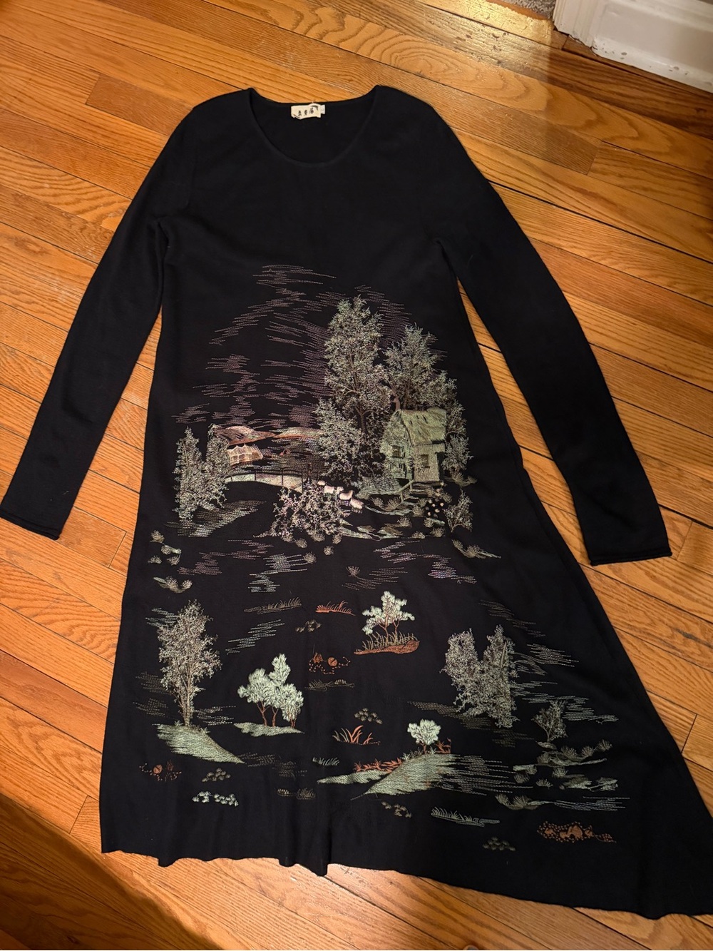 Beautiful embroided Japanese Scene on black Long Sleeve sweater Dress